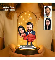 Kişiye Özel Çift Karikatür Fanus  Sevgili ve Evlilere Özel Işıklı Biblo