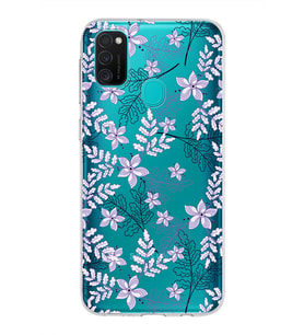 Samsung Galaxy M21 Kapak Floral Lila Tasarımlı Şeffaf Silikon Kılıf