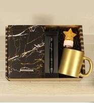 Kişiye Özel Siyah Desenli Defter & Kişiye Özel Siyah Kalem & Gold Kahve Fincanı & Yıldız Desenli Led Işık Hediye Seti