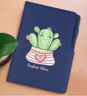 BK Gift Kişiye Özel Kaktüs Tasarımlı Lacivert Termo Deri Not Defteri 15x21cm-2