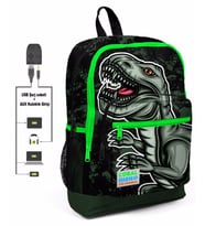 Coral High Yeşil Dinazor Desenli İlkokul ve Günlük Sırt Çantası - Erkek Çocuk - USB ve AUX Soketli