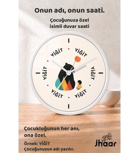 İsme Özel Ayı ve Çocuk Çocuk Odası Duvar Saati Orta Boy 30 cm Beyaz Camlı Sessiz