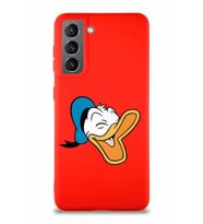 Samsung Galaxy S21 Soft Premier Kapak Donald Duck-E Tasarımlı Silikon Kılıf - Kırmızı (Şeffaf)