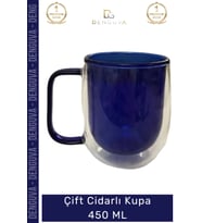 #CamKupa Isı Yalıtımlı Modern Tasarım 450 ml Kapasite Kaliteli Çift Cidarlı Cam Kupa Lacivert