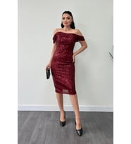 Tül Payet Kumaş Degaje Yaka Kalem Elbise - BORDO
