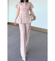 kadın bej gold düğme detaylı peplum kesim premium takım NBSTR4423