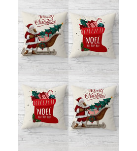 Noel Christmas Yılbaşı Gizli Fermuarlı Kırlent Kılıfı Koltuk Yastık Kılıfı Takım(4adet) (Kırmızı-Bej)