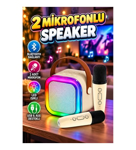 Kablosuz Bluetooth Karaoke Hoparlör – Çift Mikrofonlu LED Işıklı USB AUX Destekli