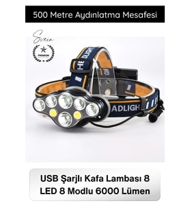 #KafaLambası USB Şarjlı Kafa Lambası 8 LED 8 Modlu 6000 Lümen Su Geçirmez Profesyonel Kafa Feneri CO