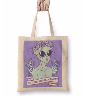 Cute Alien Uzaylı Bez Çanta Uzun Saplı