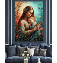 Çiçekli Bahçede Anne Ve Bebek Dekoratif Kanvas - Mdf Ahşap Tablo