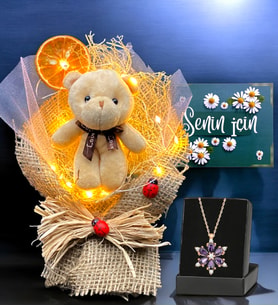 Size Özel Hediye Seti, Led Işıklı Tasrım Buket ve Gerçek Ametist Taşlı Lotus Kolye (Model 6)