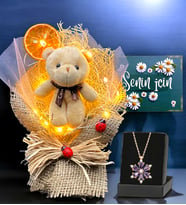 Size Özel Hediye Seti, Led Işıklı Tasrım Buket ve Gerçek Ametist Taşlı Lotus Kolye (Model 6)