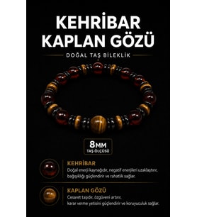 Kehribar Kaplan Gözü Doğal Taş Bileklik 8 mm Osmanlı Doğal Taş