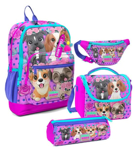 Coral High Kız Çocuk Pembe Köpek Desenli İlkokul Okul Çanta Seti ve Bel Çantası (Çok Renkli)