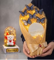 Kişiye Özel Led Işıklı Fanus ve Led Işıklı Aynalı Mavi Kelebek Buketi Hediye Seti (Model 5)