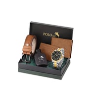Polo Air Mercek Takvimli Erkek Kol Saati Cüzdan Kemer Kartlık Parfüm Seti Gümüş Gold Siyah Renk PL-7073E11 (Siyah-Gümüş-Altın)