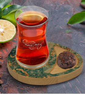 BK Gift Kişiye Özel Mermer Tasarımlı Doğal Ahşap Tabaklı Heybeli Çay Bardağı Sunum Seti Model 10