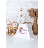 Pia Baby Premium  %100 Pamuk İsme Özel Kız Bebek Battaniye Tulum Hastane Çıkışı Hediye Seti 5065-05 (Ekru)