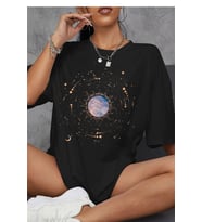 Gezegen Temalı Baskılı Unisex Oversize Pamuklu Tişört (Siyah)