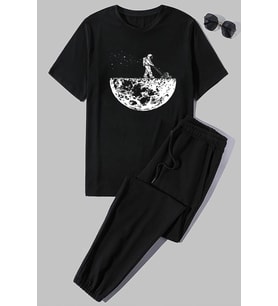 Unisex Uzay Temalı Baskılı 2'li Eşofman Takımı (Siyah)