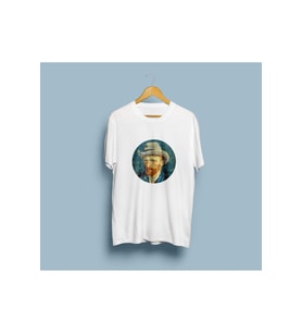 Oversize Van Gogh Şapkalı Portre Tasarım Unisex T-shirt (Beyaz)