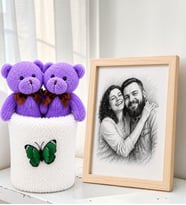 Kişiye Özel Karakalem Fotoğraflı Çerçeve ve Peluş Saksıda Ayıcık Buketi Arkadaşa Kadına Sevgiliye Hediye Seti