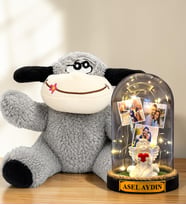 Kişiye Özel 3 Fotoğraflı Yazılı LED Işıklı Fanus ve Peluş Eşek Hediye Seti (beyaz melekli)