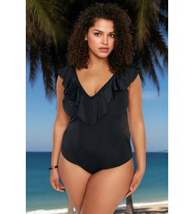 Konforlu Kaplı Derin V Yaka Rahat Kesim Büyük Beden Mayo Plus Size (Siyah)