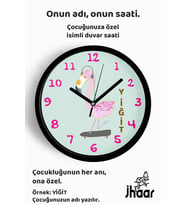İsme Özel Kaykaylı Pembe Flamingo Çocuk Odası Duvar Saati Orta Boy 30 cm Siyah Camlı Sessiz
