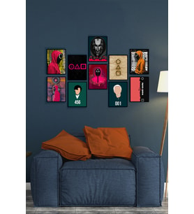 Çerçevesiz Çerçeve Görünümlü Squid Game Pano Sticker Film Mdf Tablo Seti  Squid Game