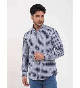 Lacivert Erkek Slim Fit Puantiyeli Brent Düğmeli Yaka Uzun Kol Gömlek