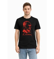 Erkek Atatürk Baskılı Tişört Kısa Kollu Bisiklet Yaka T-Shirt - Siyah