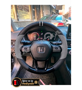 Honda Civic FE Dikme Direksiyon Kılıfı Delikli Deri Parlak Siyah Gri Detay Çift Yüzük ve Dikiş 2021-2026
