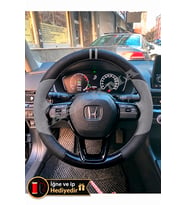 Honda Civic FE Dikme Direksiyon Kılıfı Delikli Deri Parlak Siyah Gri Detay Çift Yüzük ve Dikiş 2021-2026