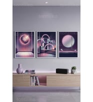 Synthwave Geometri Neon 3’lü Ahşap Çerçeveli Tablo Seti
