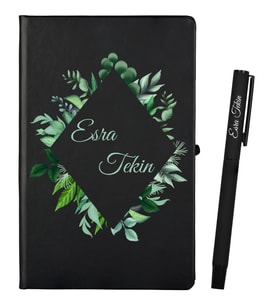 İsme Özel Arkadaşa Hediye Siyah Defter ve Siyah Roller Kalem Seti