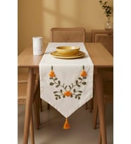 Sarı Çiçek Nakışlı Vintage Keten Runner 35x140 cm
