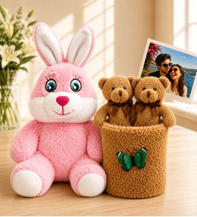 Kişiye Özel Fotoğraflı 2'li Peluş Ayıcık Buketi ve Pembe Peluş Tavşan Hediye Seti