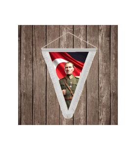 Askeri Üniformalı Başkomutan Mustafa Kemal Atatütk ve Türk Bayrağı Beyaz Saçaklı Üçgen Flama Bayrak Hatıra Flama ATA82