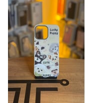 iPhone 16 Pro Max Uyumlu Özel Tasarım Sevimli Figürlü Deri Dokulu Telefon Kılıfı (Krem)