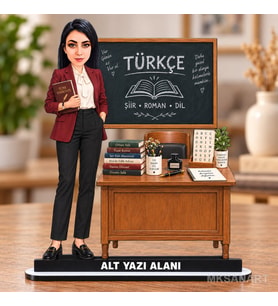 Kişiye Özel Kadın Türkçe Öğretmeni Karikatürlü 18 cm MDF Masaüstü Biblo - Öğretmen Hediyesi Öğretmene Özel Hediye