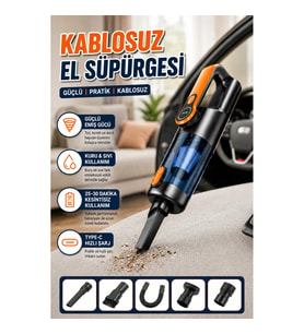 Şarjlı Kablosuz El Süpürgesi – 5 Başlıklı, Type-C Şarjlı Araç ve Ev Temizliği
