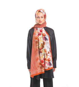 Çiçekli Desen Elegante Seri Şal Eşarp Askısı İle Birlikte 75x200 Kiremit Taba-75