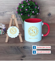 Gold Baş Harf Kupa Bardak Kırmızı ve Ahşap Anahtarlık Hediye (Model 1)