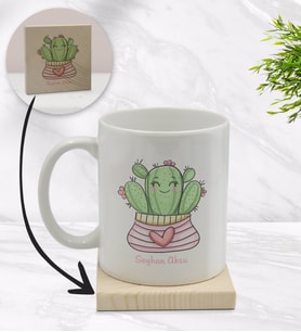 BK Gift Kişiye Özel Kaktüs Tasarımlı Beyaz Kupa Bardak ve Ahşap Bardak Altlığı Hediye Seti - Model 2