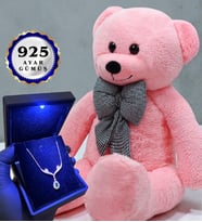 Premium Hediye Seti Büyük Boy Pembe Peluş Ayıcık ve Gerçek 925 Ayar Gümüş Kolye (Model 1)