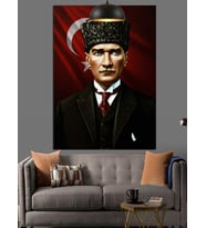 Kırmızı Bayrakve Mustafa Kemal Atatürk Dekoratif Kanvas - Mdf Ahşap Tablo