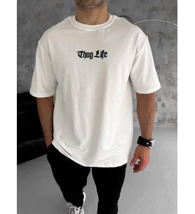 Erkek Kısa Kol Yazlık Tişört Bisiklet Yaka Baskılı Oversize T-Shirt - Beyaz