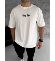 Erkek Kısa Kol Yazlık Tişört Bisiklet Yaka Baskılı Oversize T-Shirt - Beyaz